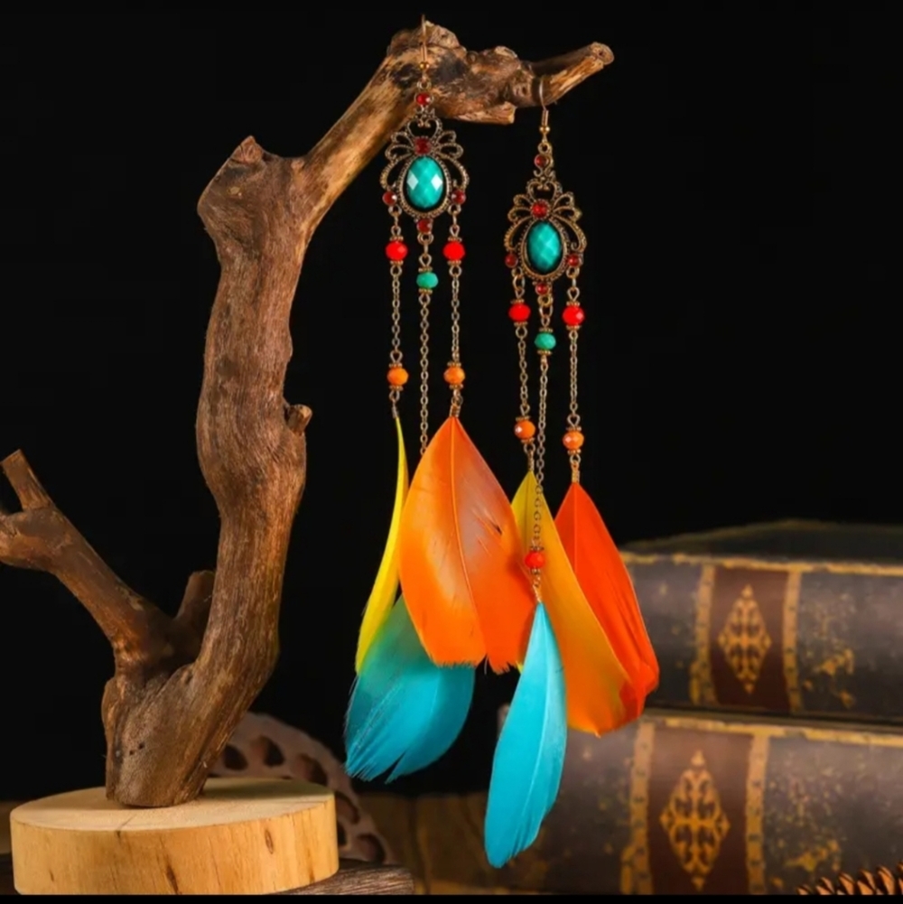 Colorful Chain Crystal Beads Long Feather Earrings Vintage Style Jewelry For Wom